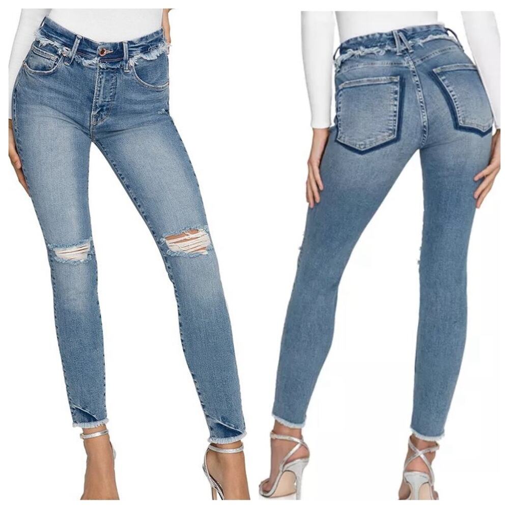 Good American | Women’s Good Legs Frayed Jeans Blue612 Denim Skinny Distressed 8
